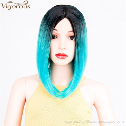 High quality wholesale premium vendor ombre silver short straight wavy hair synthetic heat resistant wig lace front black women